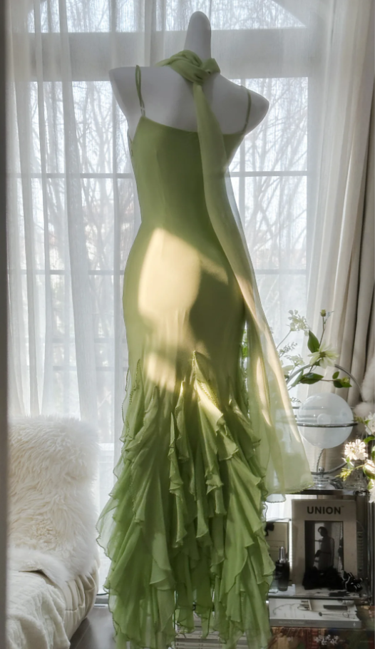 Beautiful Green Spaghetti Straps Chiffon Ruffles Mermaid Long Party Dress Birthday Prom Dresses
