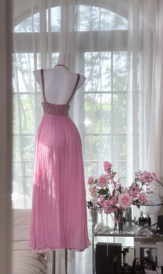 Pretty Pink V Neck Sequin Chiffon A Line Long Wedding Guest Dress Formal Party Dress Prom Dresses