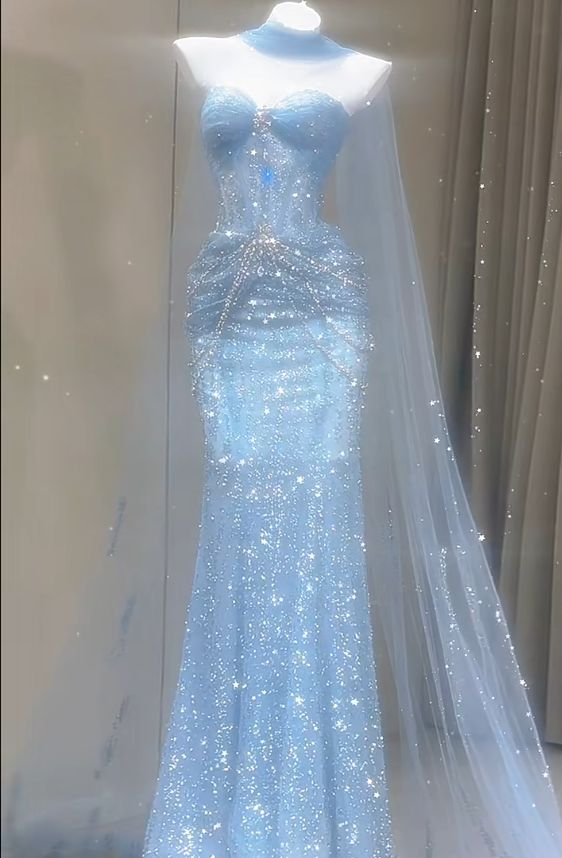Glitter Sky Blue Strapless Tulle Sequin Beaded Mermaid Evening Dress Long Birthday Prom Dress Party Dress