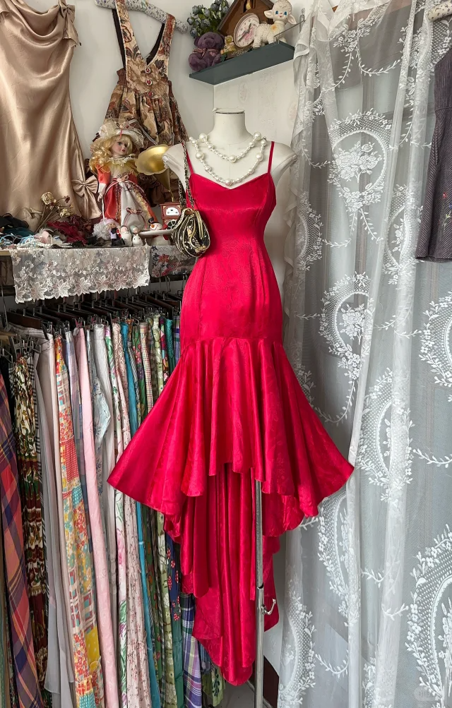 Vintage Red Spaghetti Straps Mermaid Party Dress Birthday Dress