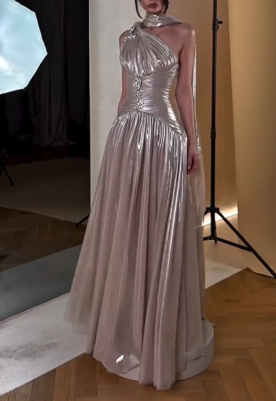 Stylish One Shoulder Satin Pleated A Line Long Prom Dress Formal Evening Dress With Scarf