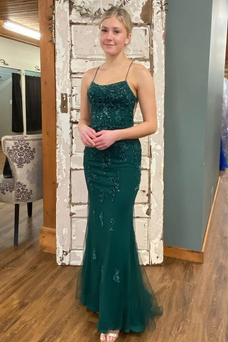 Sexy Backless Mermaid Green Tulle Beaded Long Prom Dress Formal Evening Gown