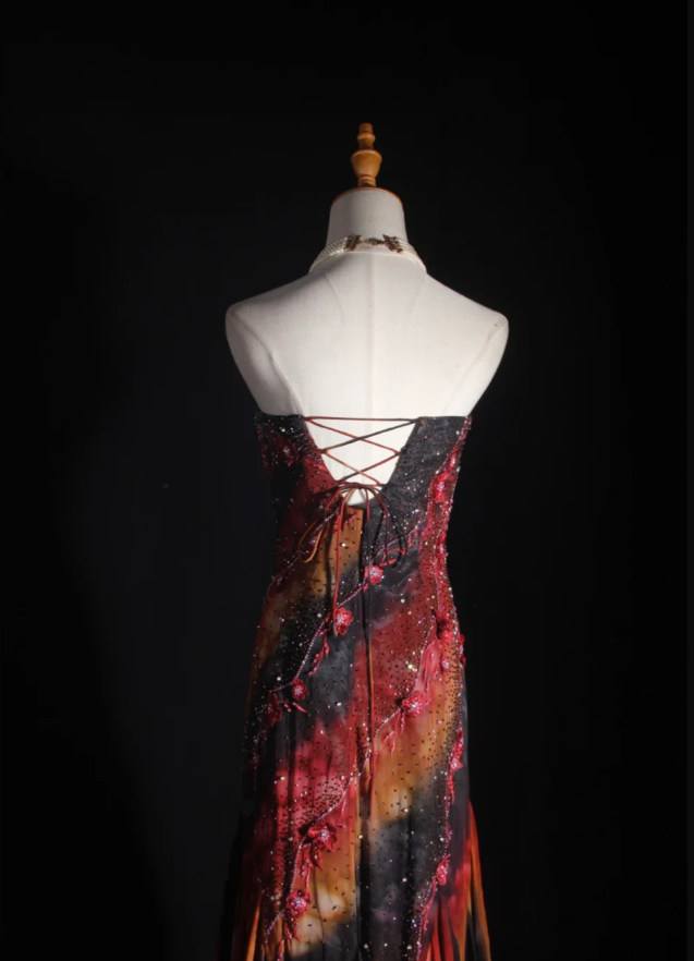 Vintage Embroidered Floral Chiffon Ruffle Mermaid Evening Dress Strapless Long Party Dress