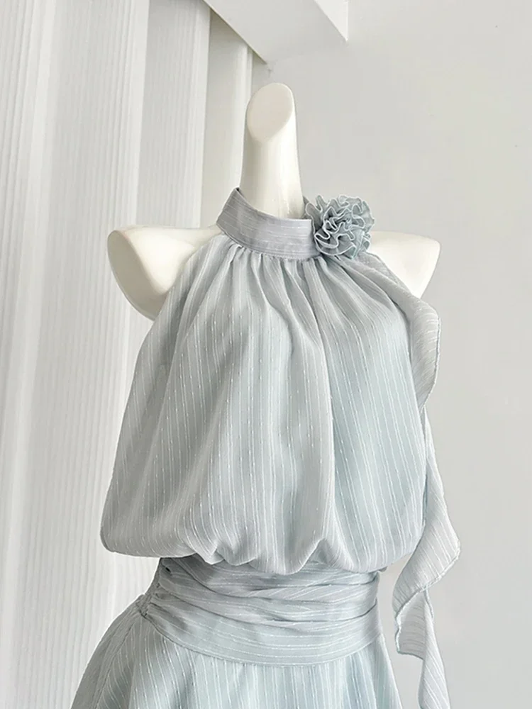 Blue Mini Sleeveless Chiffon Dress Women Frock Vacation Dress