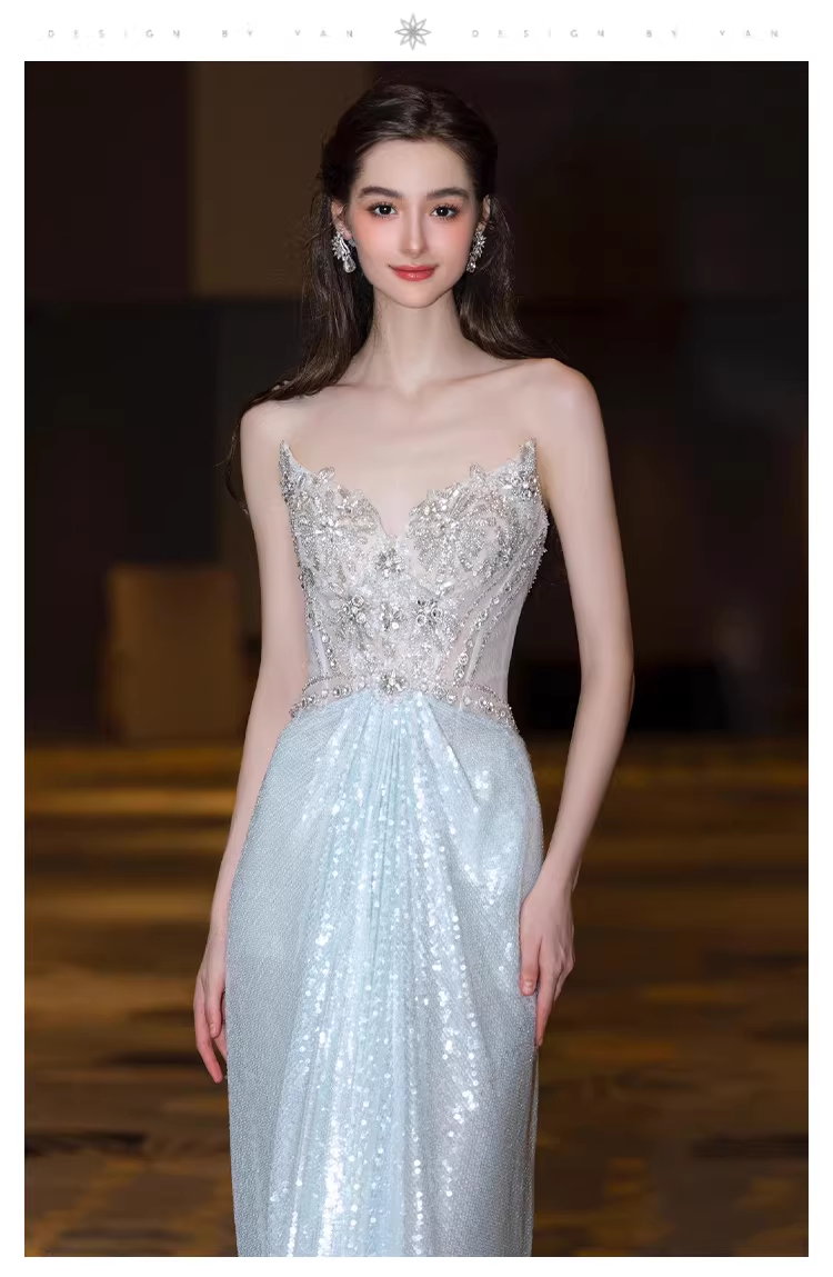 Glamorous Blue Strapless Tulle Sequin Beaded Mermaid Long Evening Dress Prom Dress