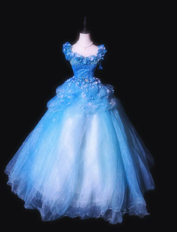 Sweet Blue Tulle Appliques Beaded Sweet 16 Dress Formal Quinceanera Dress