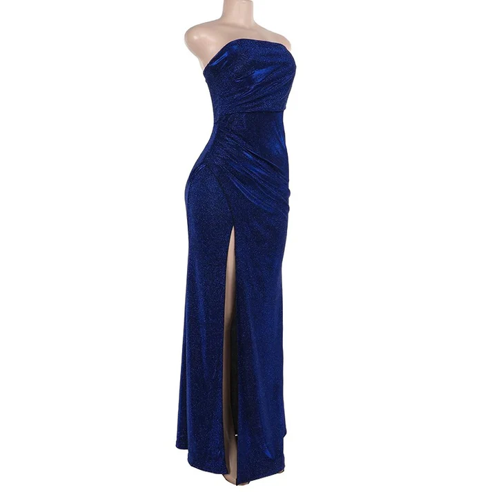 Vintage Blue Sheath Slit Evening Gown Strapless Prom Party Dress