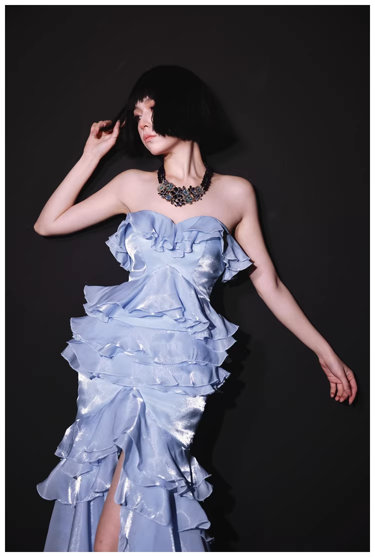 Glamorous Strapless Blue Satin Ruffles Layered mermaid Slit Evening Dress Long Party Dress