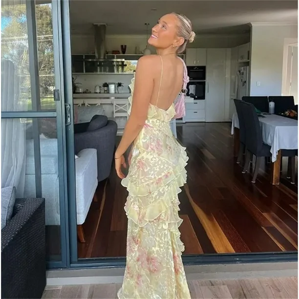 Charming Pink Print Chiffon Ruffles Party Evening Dress Long Prom Dress