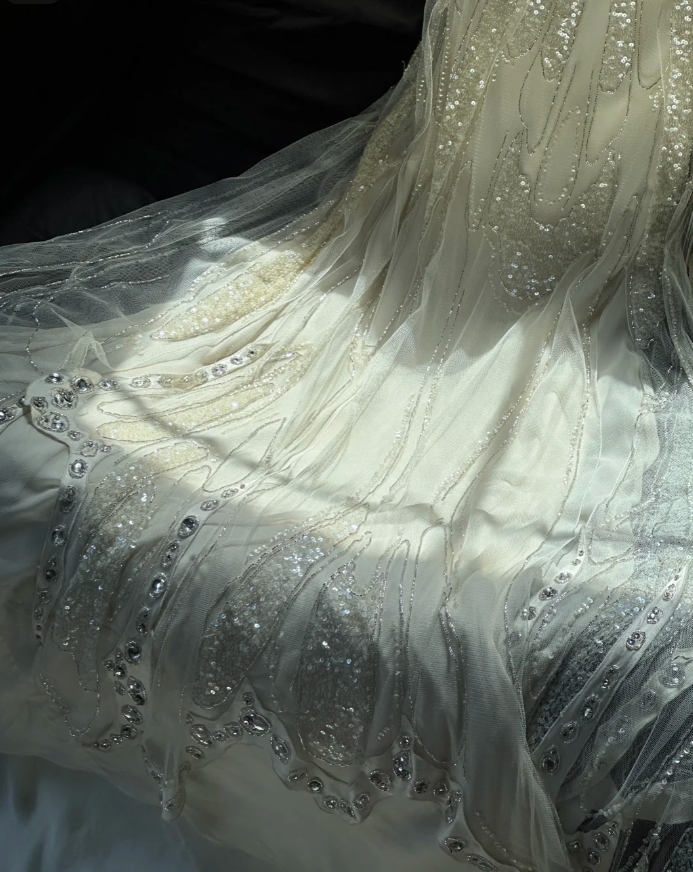 Glitter Spaghetti Straps Off White Chiffon Sequin Beaded Mermaid Evening Dress Long Party Dres