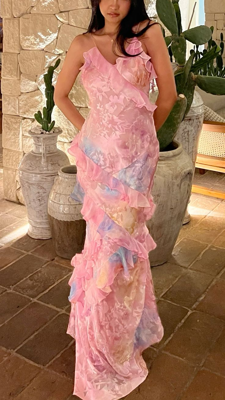 Charming Pink Print Chiffon Ruffles Party Evening Dress Long Prom Dress