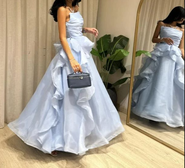 Classy Strapless Blue Organza Pleated Ruffles Long Party Dress Formal Wedding Guest Dress