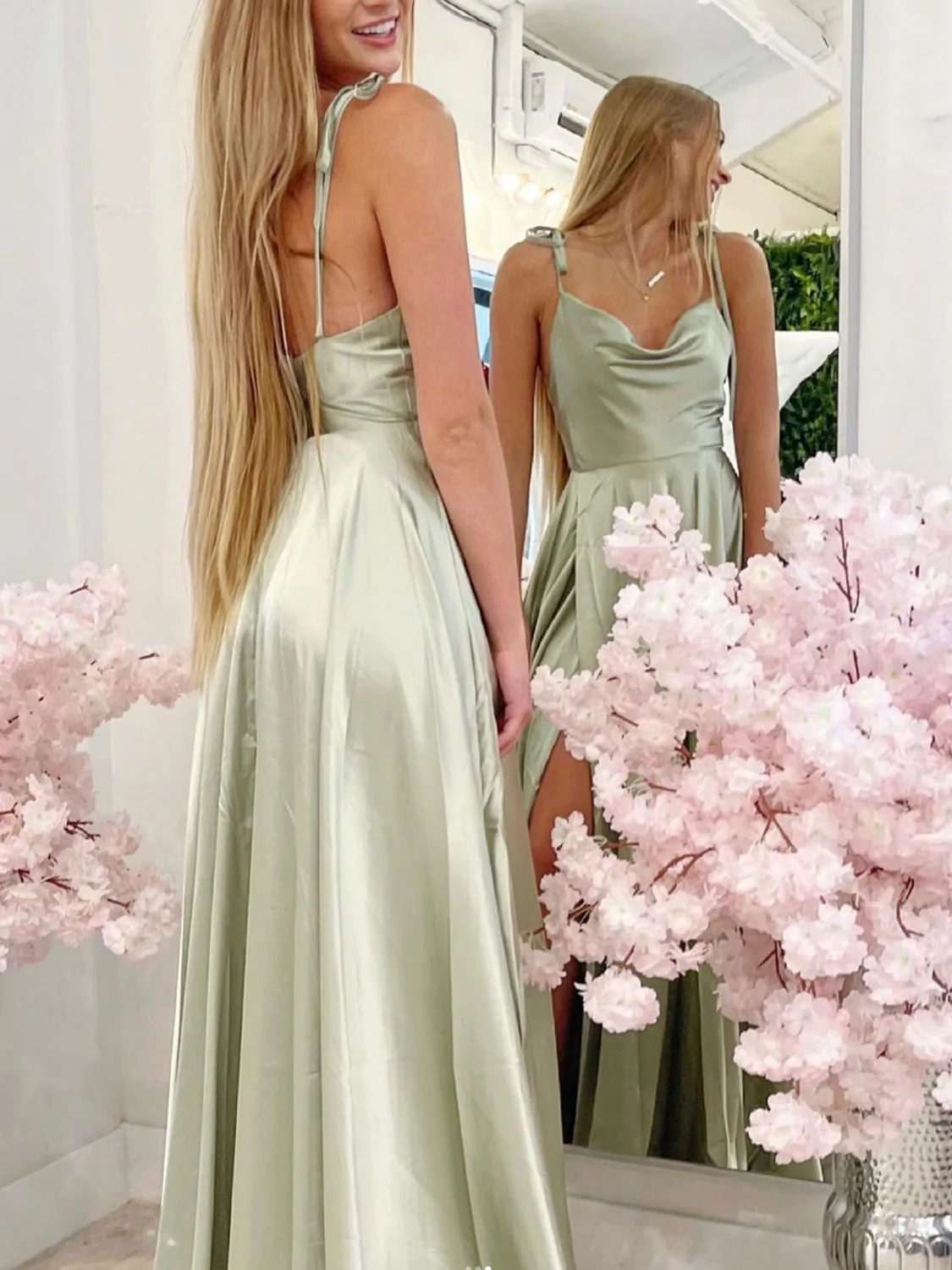 Elegant Spaghetti-Straps Sleeveless Split Evening Dress