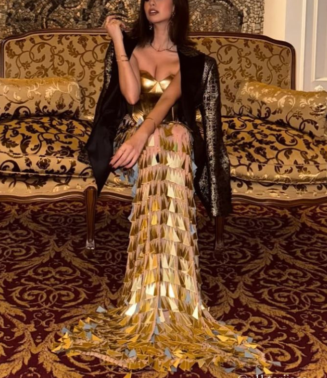 Luxurious Gold Satin Sequins Evening Dress,Strapless Mermaid Prom Dress