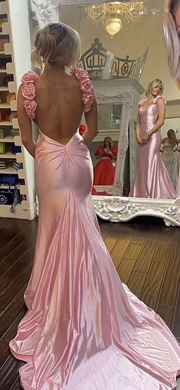 Charming Pink Rose Straps Evening Dress Mermaid Formal Prom Party Gown