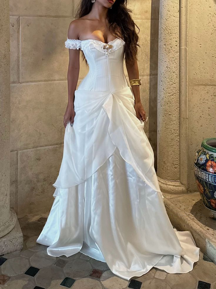 Pretty Off The Shoulder White Satin Chiffon Pleated Long Wedding Dress