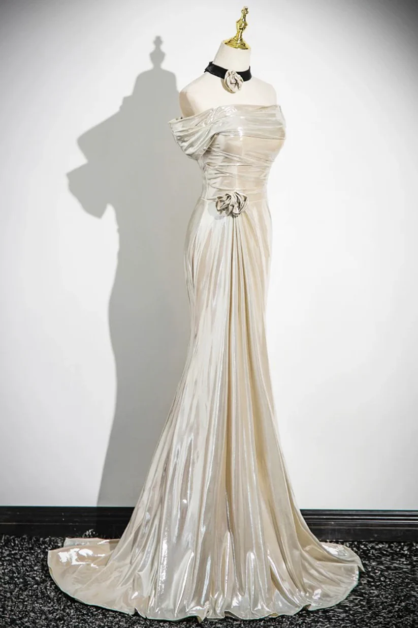 Champagne Off The Shoulder Satin Party Dress, Elegant Mermaid Evening Dress