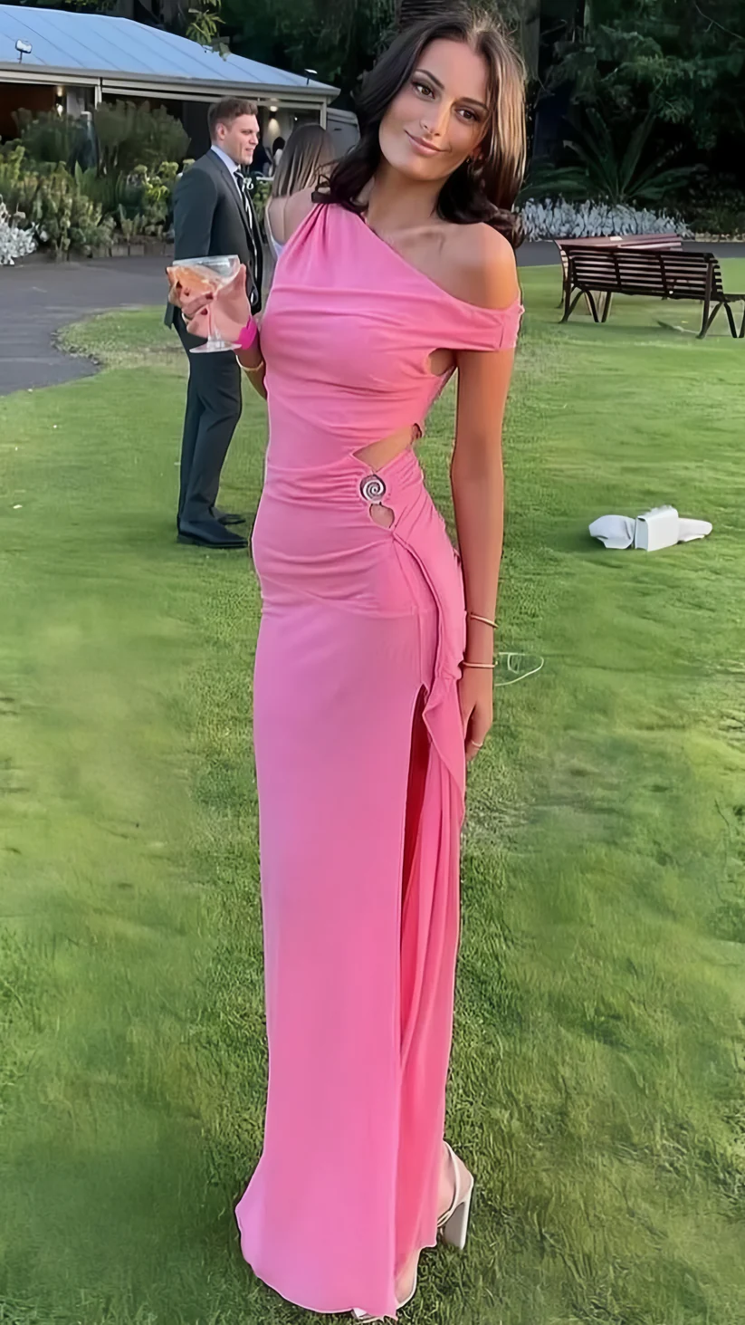 Sexy Pink Chiffon Slit Side Bodycon Long Party Dress Evening Dress