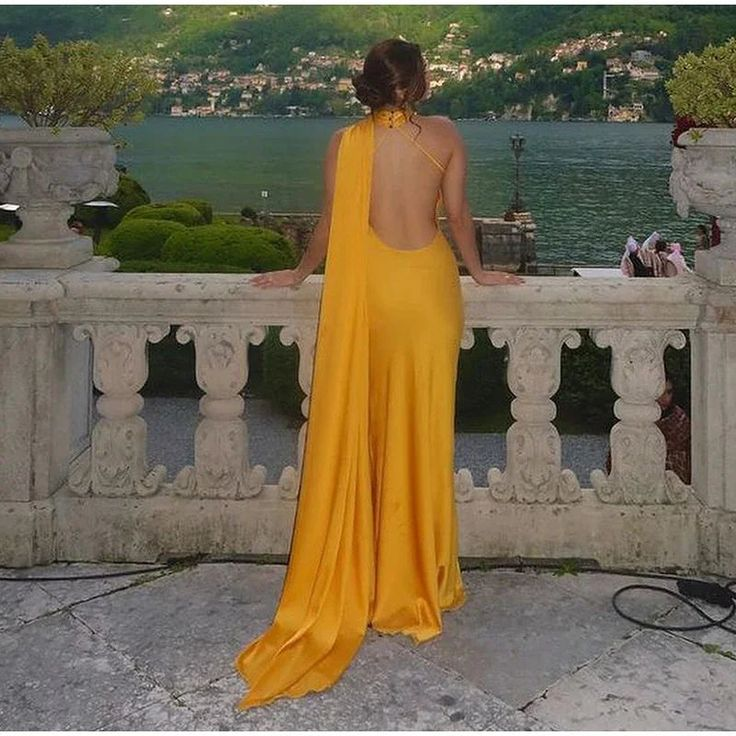 Sexy Halter Yellow Satin Backless Mermaid Evening Dress,Long Party Dress