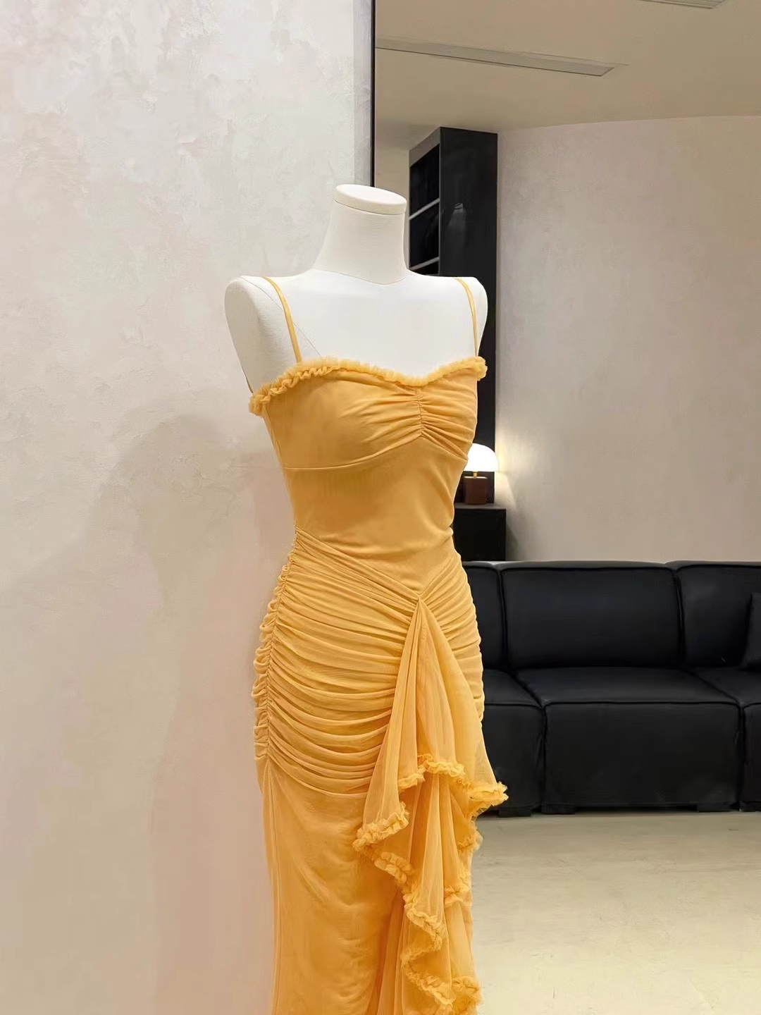 Sexy Spaghetti Straps Chiffon Pleated Mermaid Party Dress Yellow Birthday Dress