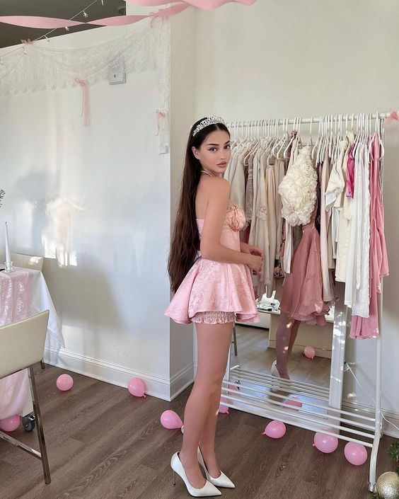 Pretty Pink A Line Satin Print Floral Birthday Dress Homecoming Dress