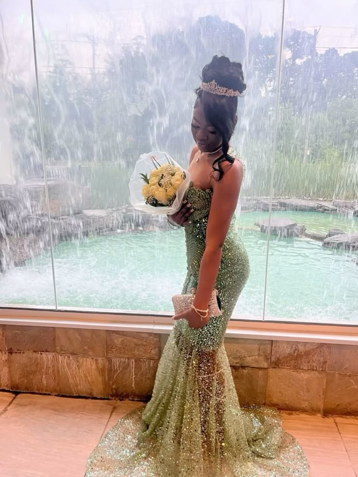 Sparkly Green Sequin Beaded Mermaid Long Party Dress Birthday Prom Gown