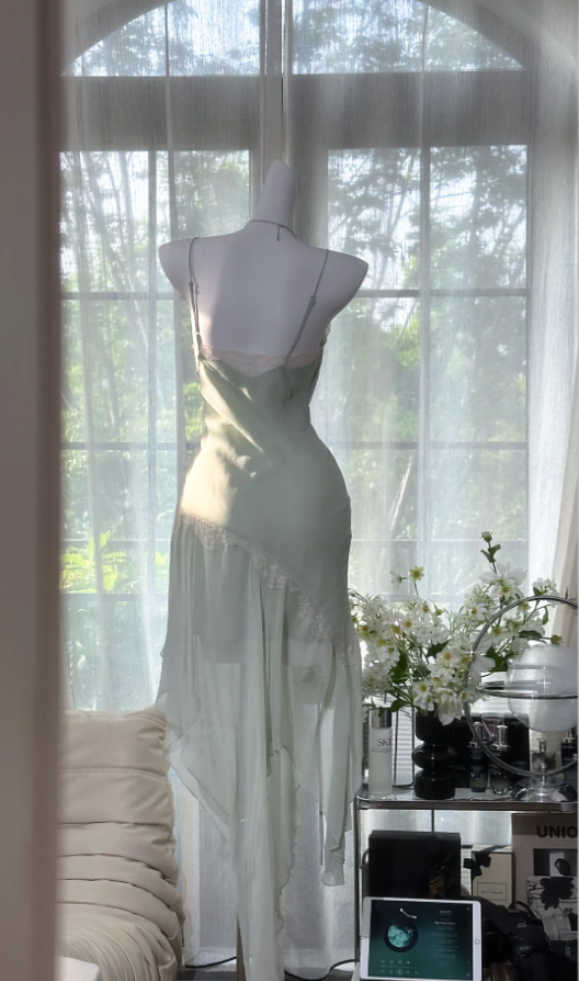 Sexy Light Green Chiffon Lace Pleated Mermaid Long Party Dress Prom Dresses