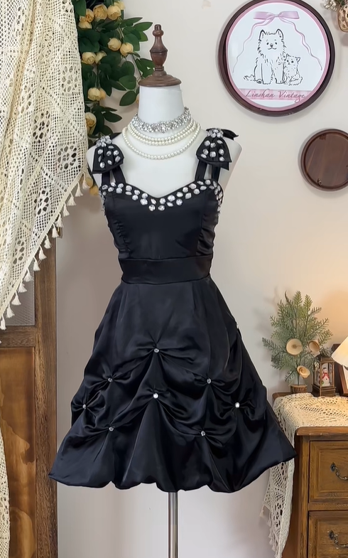 Vintage Satin Pleated A Line Homecoming Dress Black Birthday Dress