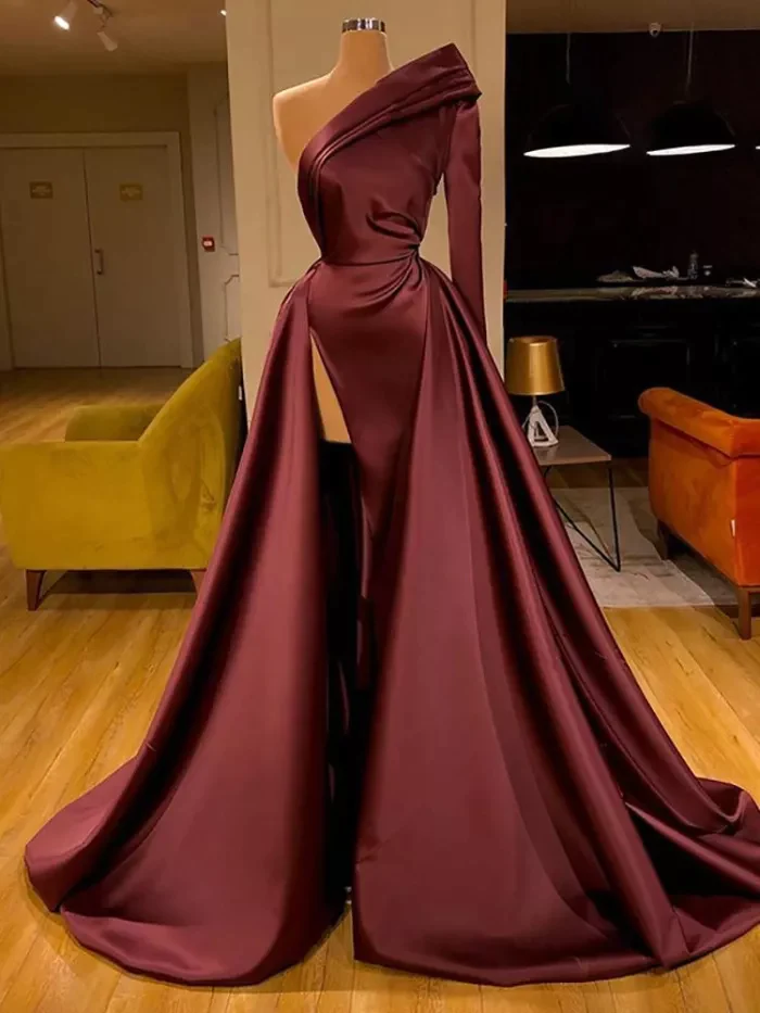 Elegant One Long Shoulder Solid Color Long-sleeve Evening Dress High Split
