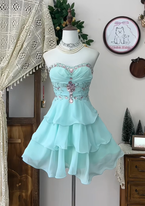 Elegant Strapless Chiffon Beaded A Line Mini Birthday Dress Blue Grade Homecoming Dress