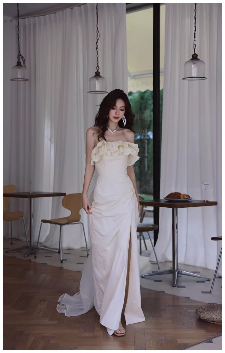 Elegant Beige Strapless Satin Pleated Mermaid Slit Long Evening Dress Birthday Party Dress With Bow