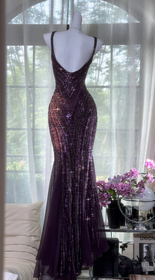 Vintage V Neck Dark Purple Chiffon Sequin Mermaid Long Party Gown Evening Dress