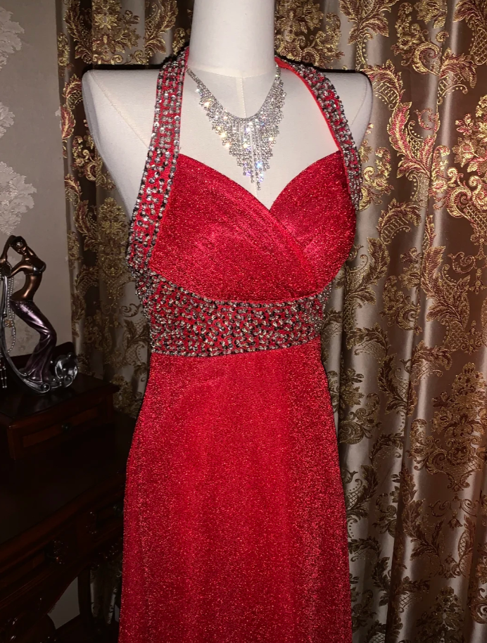 Glitter Halter Red Tulle Sequin Beaded A Line Long Party Dress Evening Dress
