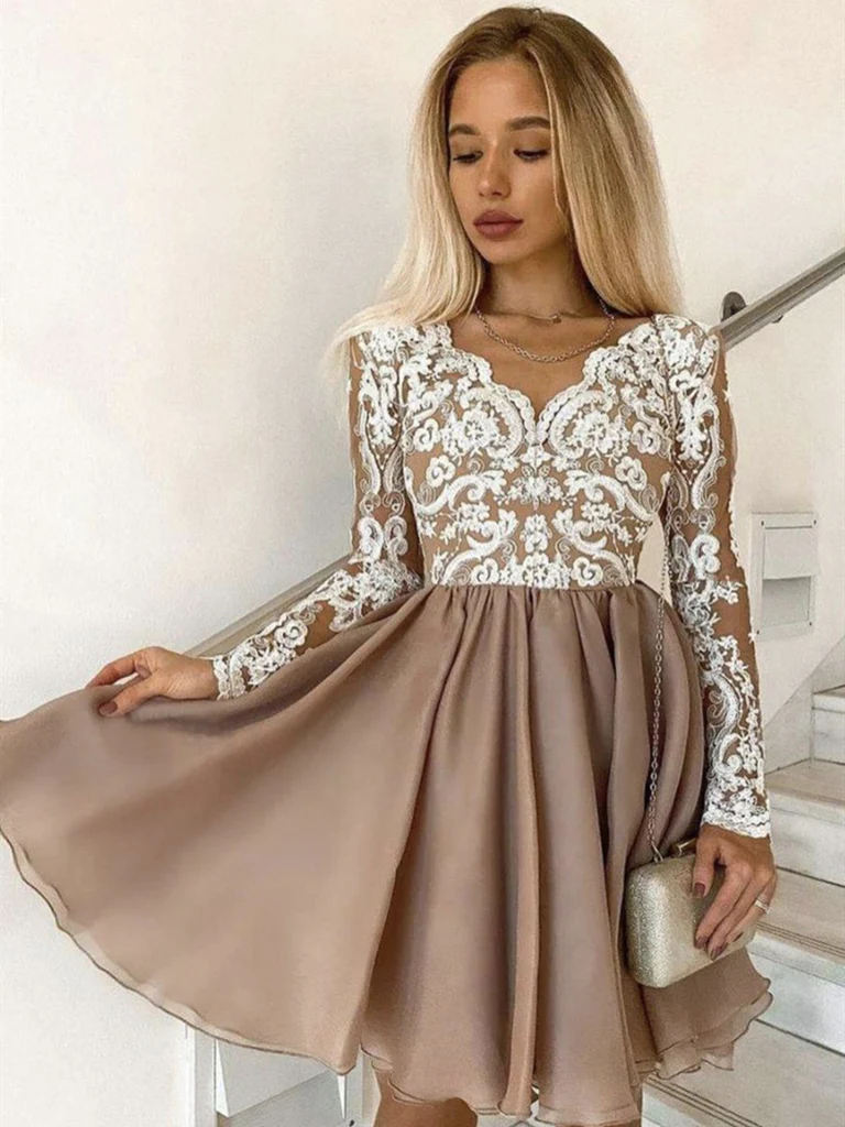 Long Sleeves Short Champagne Lace Homecoming Dresses, Short Champagne Lace Formal Graduation Dresses