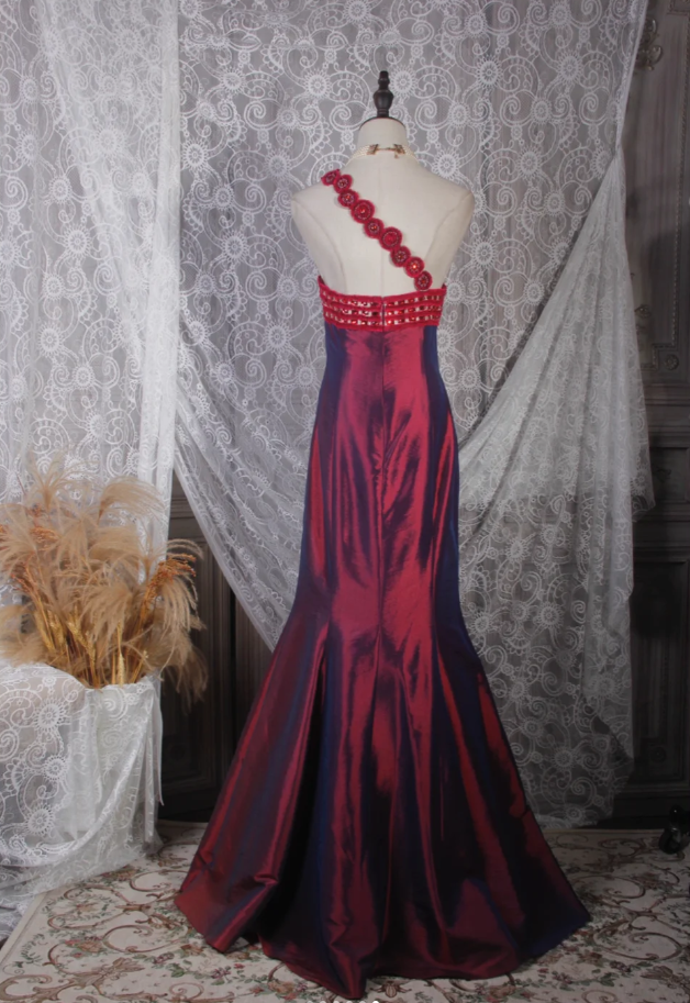 Pretty Burgundy One Shoulder Satin Mermaid Long Party Dress Prom Dress