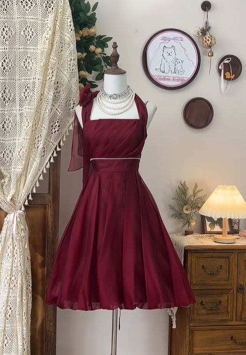 Vintage Burgundy Halter Beaded A Line Short Homecoming Dress Cocktail Dress