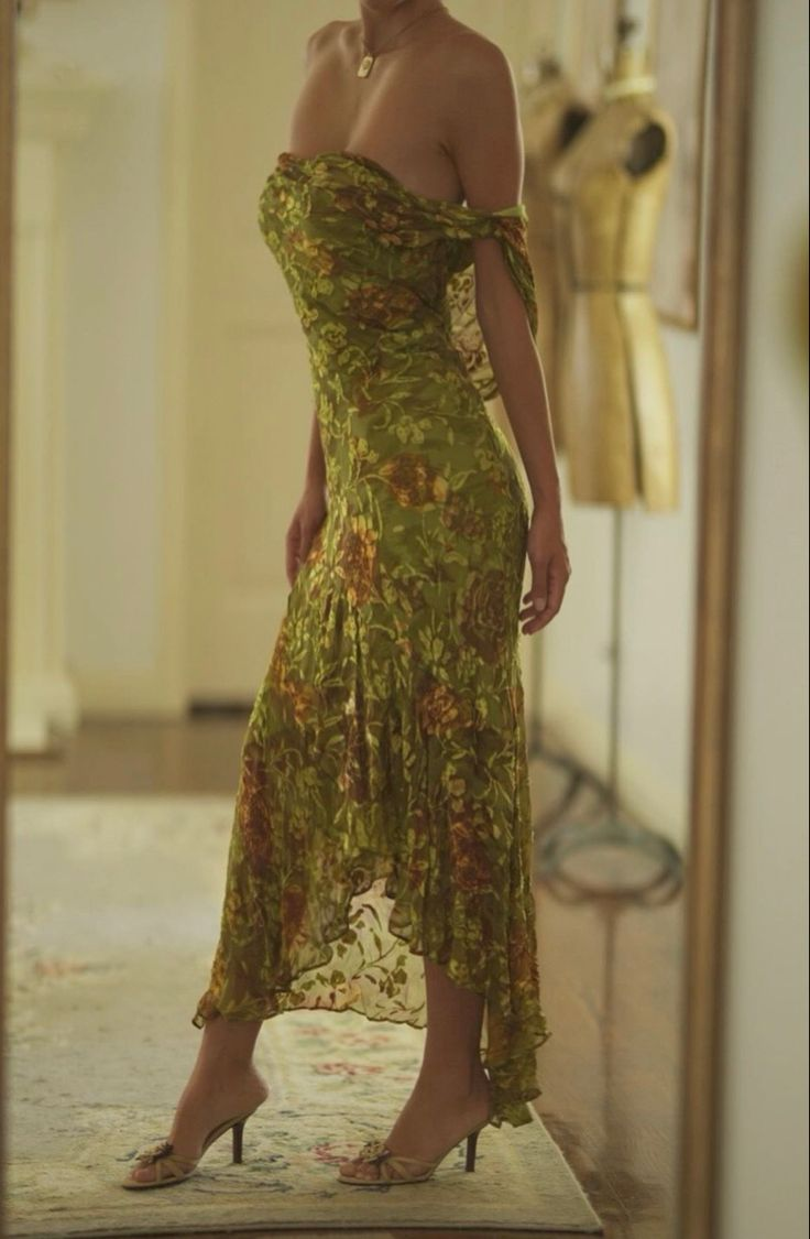 Vintage Green Print Floral Chiffon Evening Dress Long Prom Dress