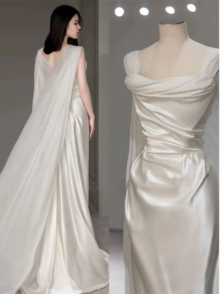 White Satin Pleated Straps Wedding Dress,Elegant Prom Evening Dress