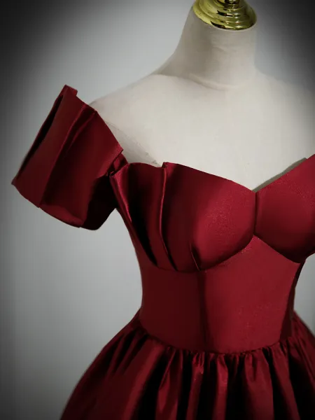 A Line Burgundy Satin Floor Length Prom Dress, Off the Shoulder New Party Dress