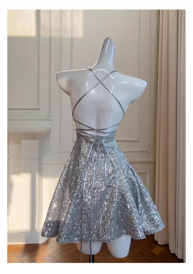 Simple Silver Spaghetti Strap A-line Sequin Homecoming Dress Cocktail Dress