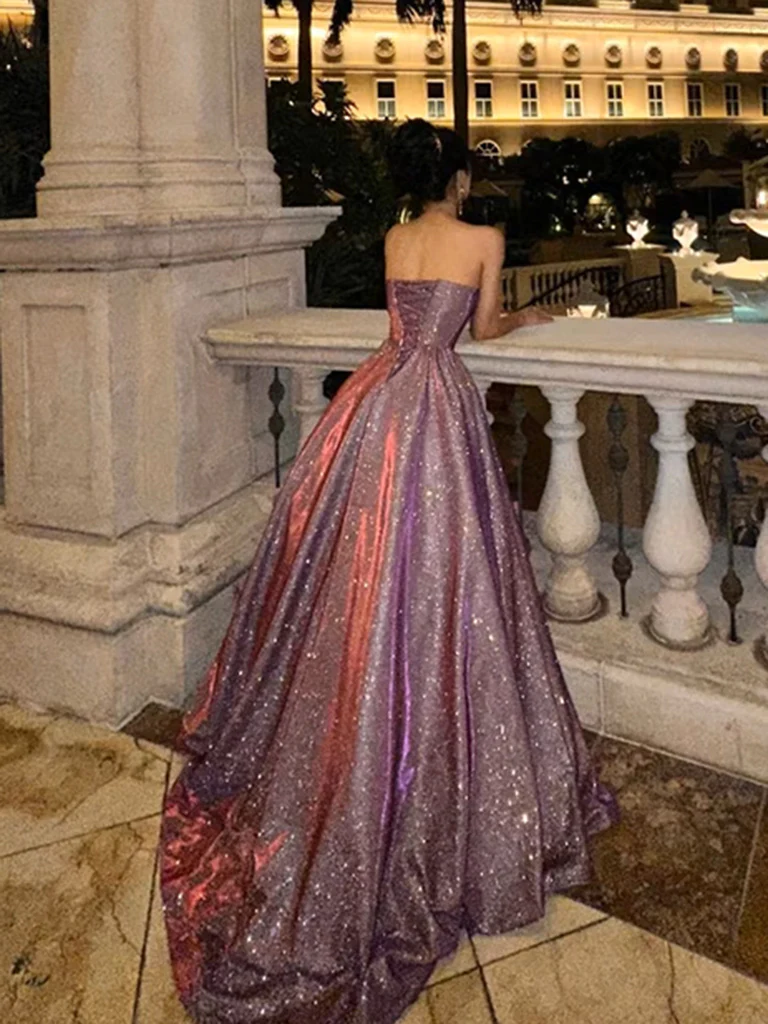 Glitter Strapless A Line Satin Sequins Long Prom Dress Formal Evening Gown
