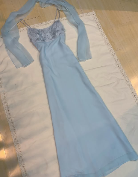 Pretty Light Blue Chiffon Applique Evening Dress,Straps Party Prom Gown
