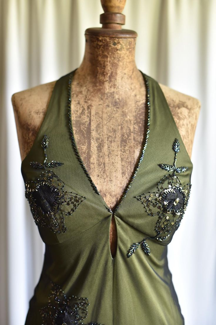 Vintage Olive Green Satin Tulle Beaded Mermaid Evening Dress Backless Long Party Dress