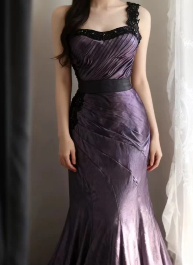 Unique One Shoulder Purple Satin Pleated Tulle Appliques Long Party Dress Birthday Prom Dress