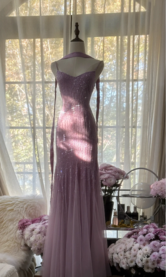 Elegant Spaghetti Straps Purple Chiffon Beaded Mermaid Long Party Dress Evening Gown