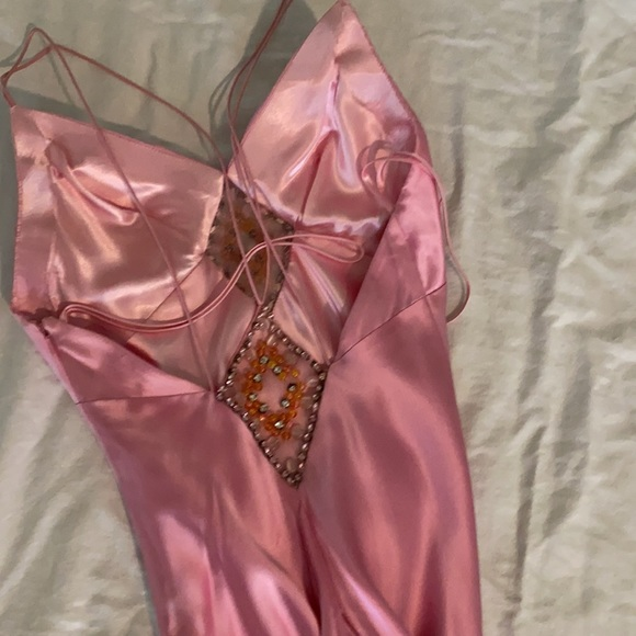 Pink Satin Beaded Evening Dress,Spaghetti Straps Party Prom Dress