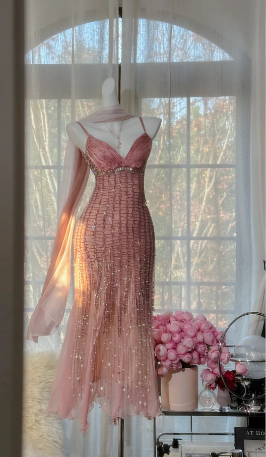 Pretty Spaghetti Straps Pink Chiffon Beaded Mermaid Long Wedding Guest Dress Pink Birthday Prom Dress Party Dress