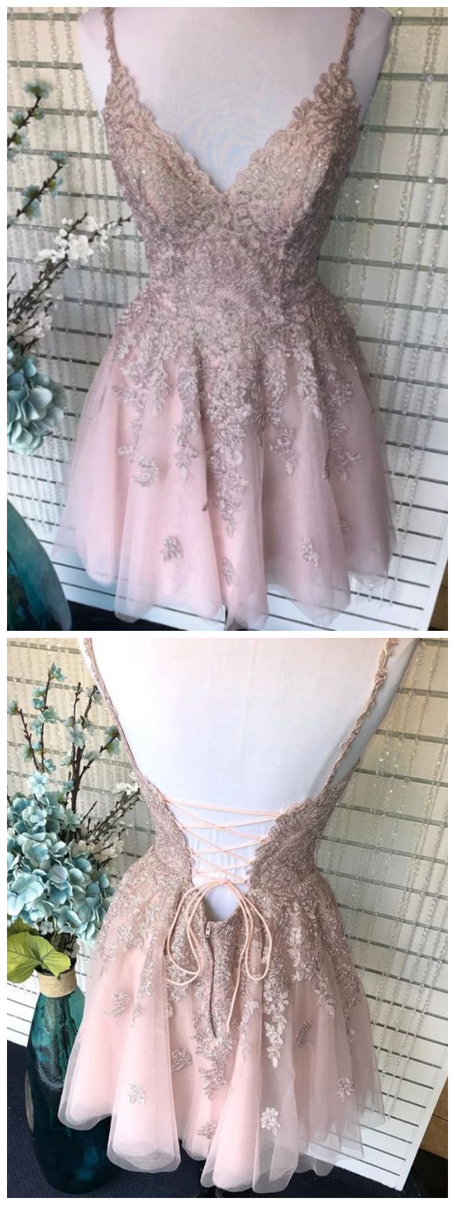 A Line Spaghetti Straps Blush Homecoming Dress With Appliques Beading