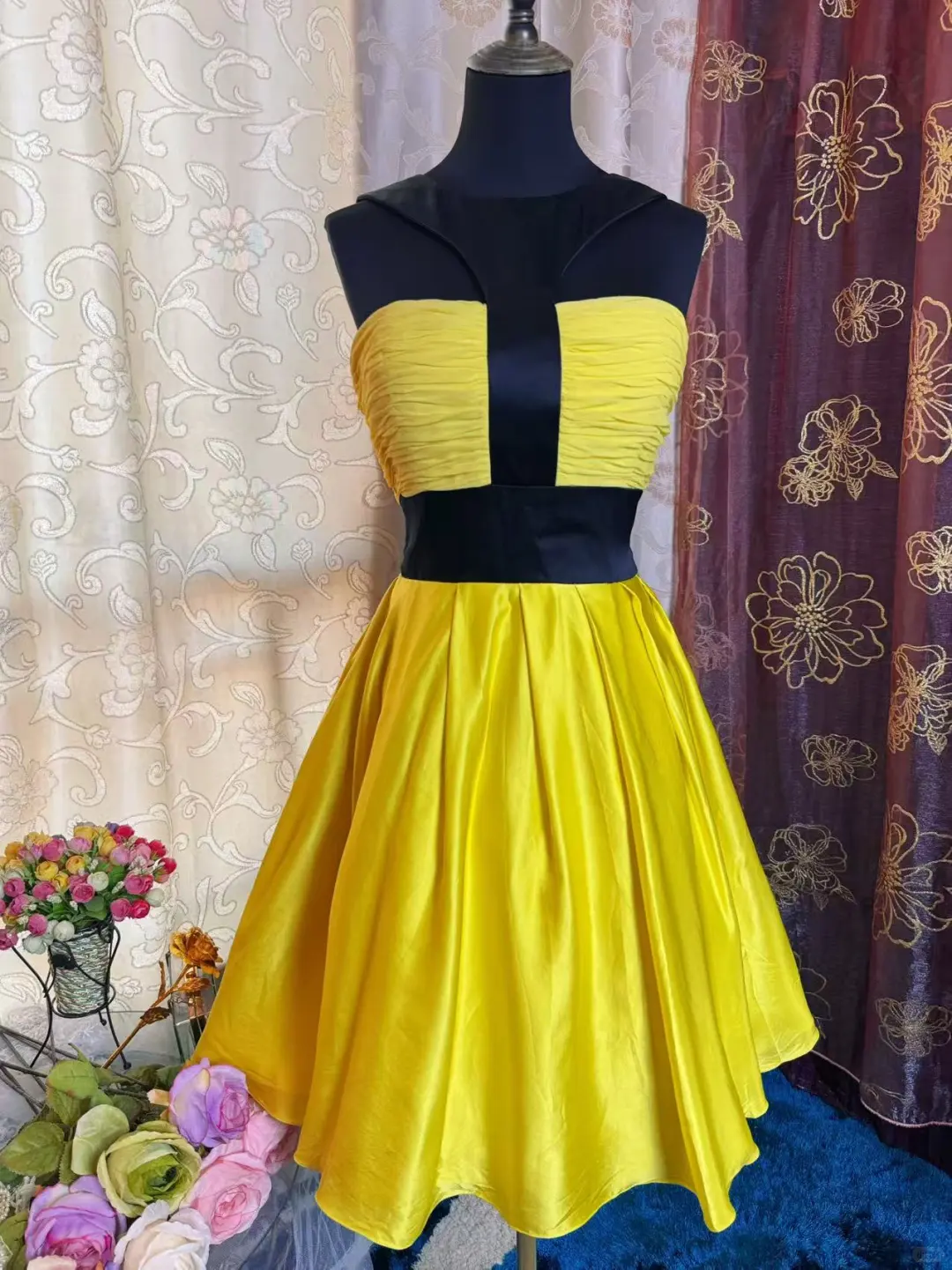 Fashion Yellow Black Splicing A Line Short Party Dress Formal Graduation Homecoming Dress