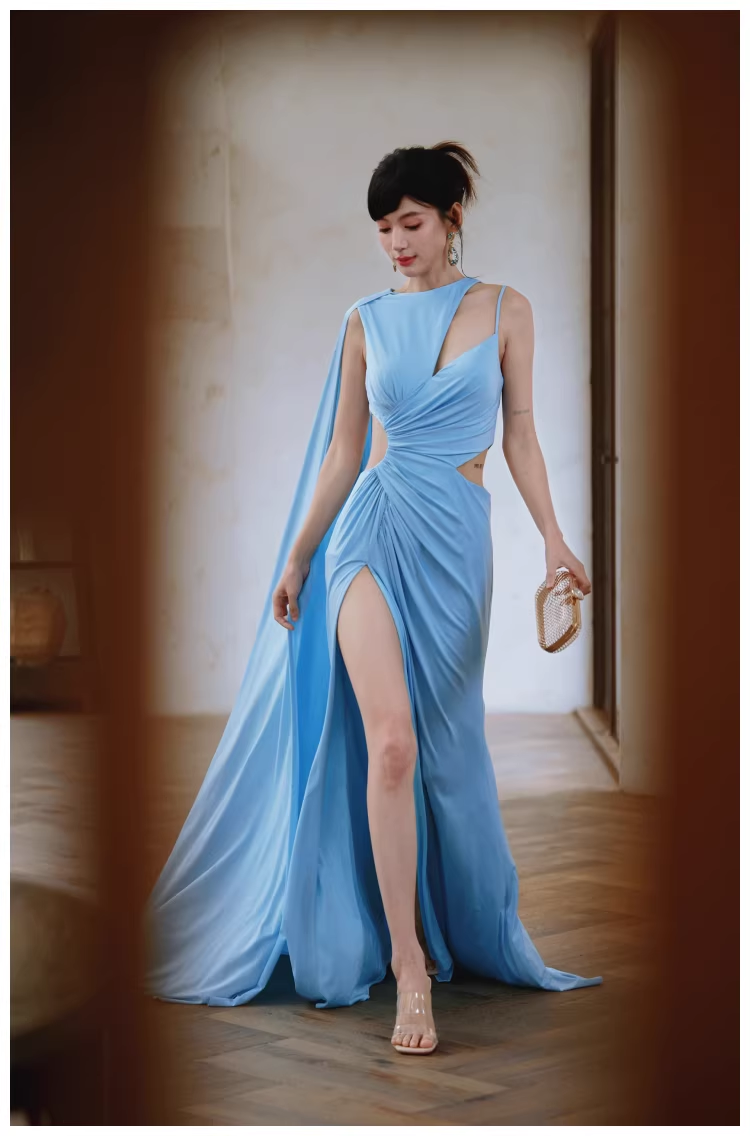 Sexy Blue Satin Slit Mermaid Long Prom Dress Evening Dresses